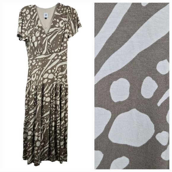 CAbi 6147 Swoon Dress Midi Tiered Swing Work Leisure Taupe Flutter Sleeve Cutout - Picture 1 of 11